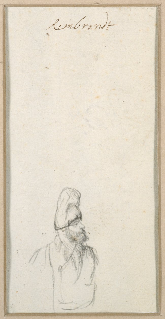 Parrakas mies profiilissa, korkea lippalakki, n. 1640 (musta liitu paperilla) tekijältä Rembrandt Harmensz. van Rijn