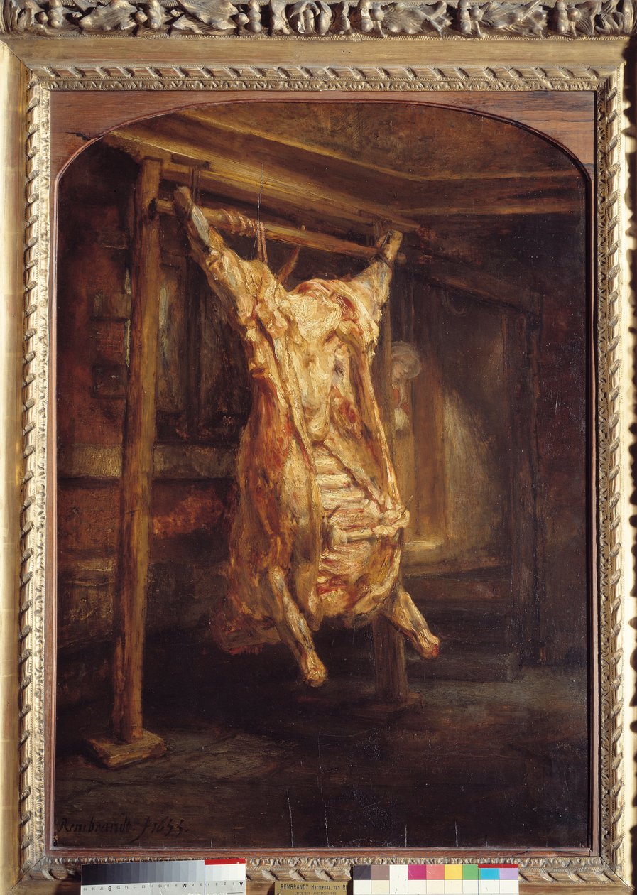 Naudankuori Naudan ruho erikseen. Harmensz Van Rijn Rembrandtin (1606-1669) maalaus tekijältä Rembrandt van Rijn