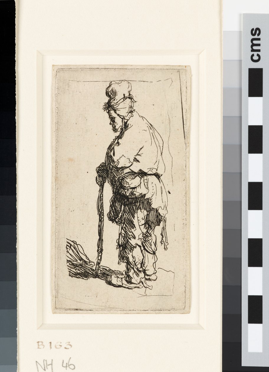 Keppiin nojaava kerjäläinen, n. 1630 (etsaus) tekijältä Rembrandt van Rijn