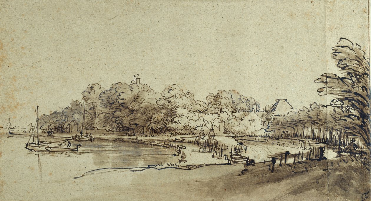 Mutka Amstelissa lähellä Kostverloren-taloa, 1650-luvun alku (kynä ja muste pesuaineella ja vartalovärillä paperilla) tekijältä Rembrandt Harmensz. van Rijn