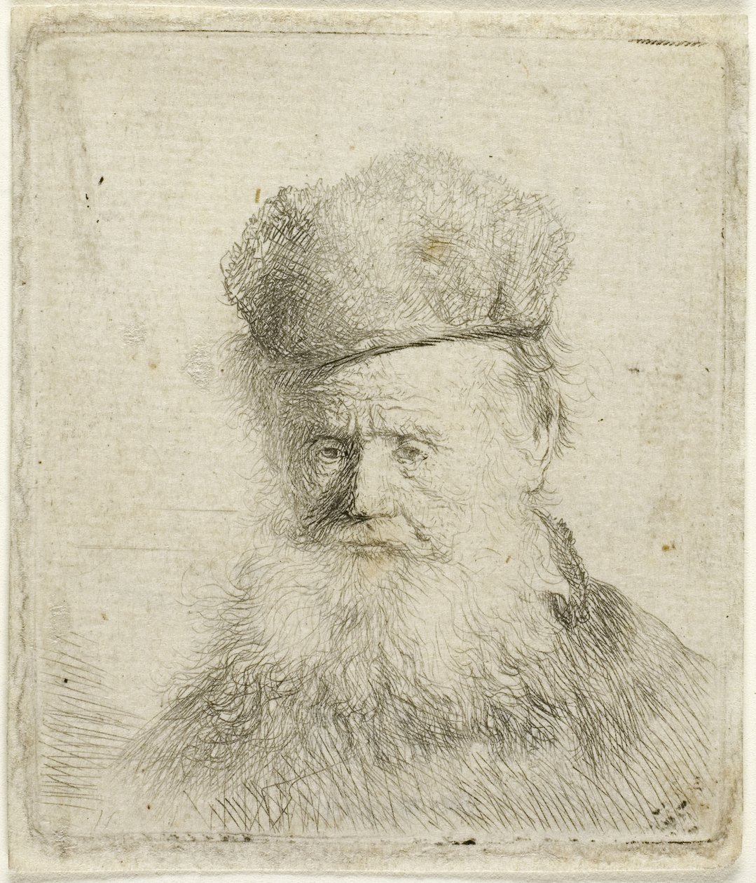 Vanhan miehen rintakuva, jossa on karvahattu ja virtaava parta, n. 1631 (etsaus paperille) tekijältä Rembrandt Harmensz. van Rijn