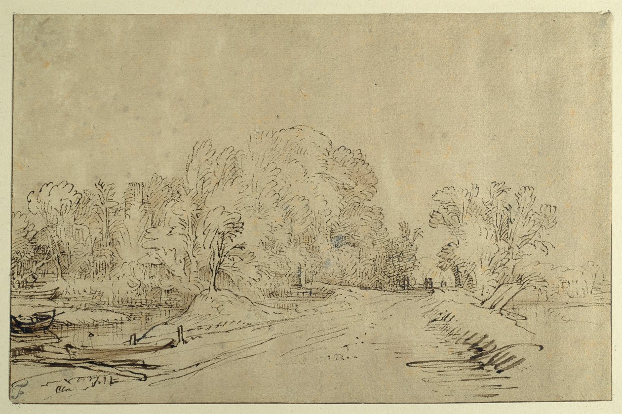 Kanava, jossa veneitä, ojatie ja puita (ruokokynä ja muste pesulla paperille) tekijältä Rembrandt Harmensz. van Rijn