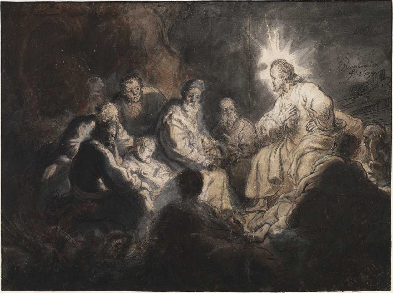 Kristus ja hänen opetuslapsensa Getsemanen puutarhassa, kirjoittanut Rembrandt van Rhijn (1606-1669). Kynä, sivellin, väri harmaa ja ruskea, akvarelli paperille, n. 1634. Mitat : 35,7x47,8 cm. Teylers-museo, Haarlem tekijältä Rembrandt Harmensz. van Rijn