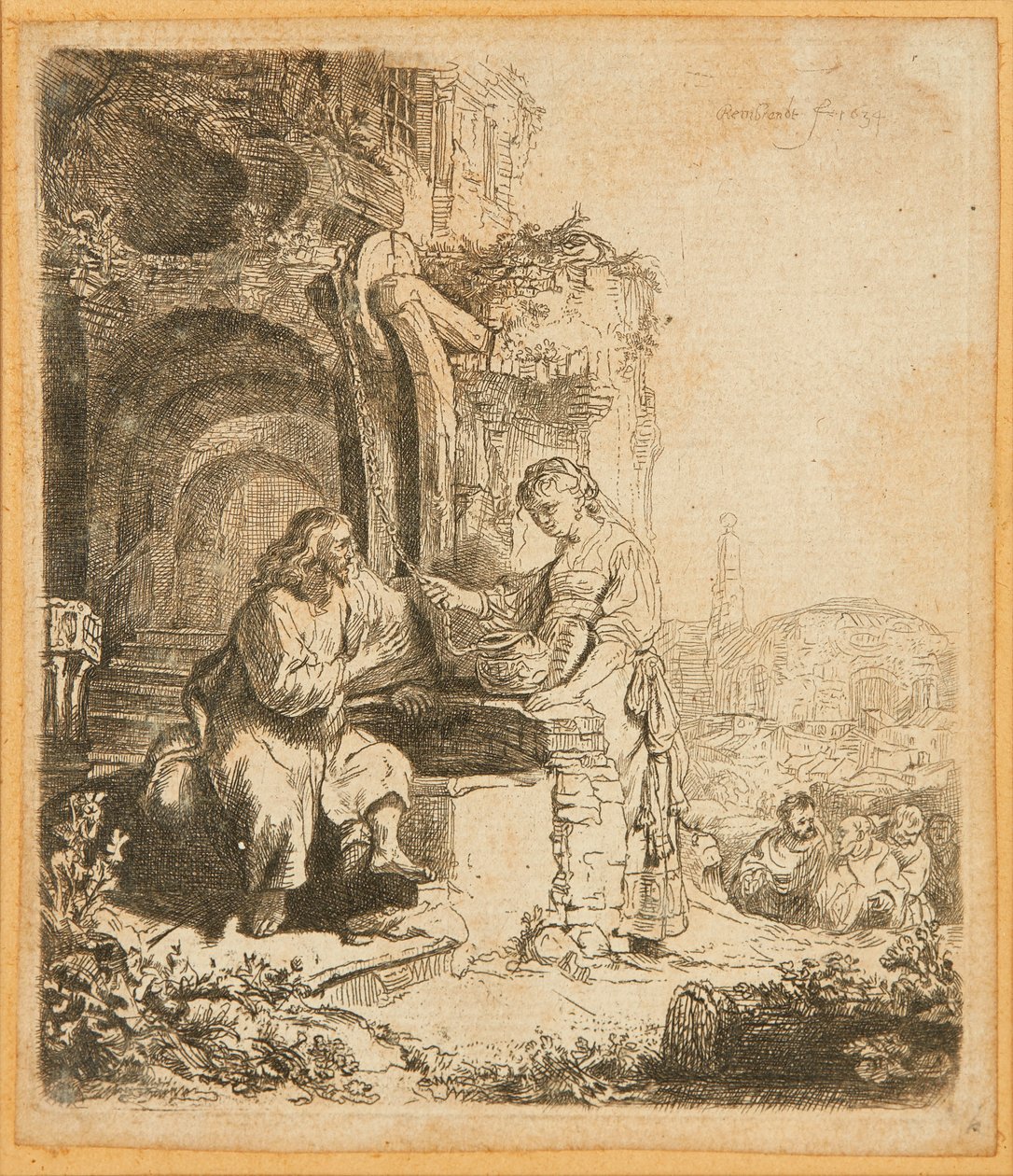 Kristus ja Samarian nainen, raunioiden keskellä (etsaus) tekijältä Rembrandt Harmensz. van Rijn