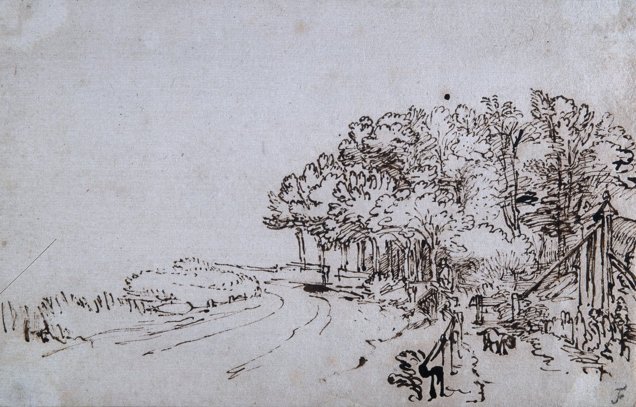 Copsi Amsteldijkin kärjessä Trompenburgin lähellä, n. 1649 (kynä ja muste paperille) tekijältä Rembrandt Harmensz. van Rijn