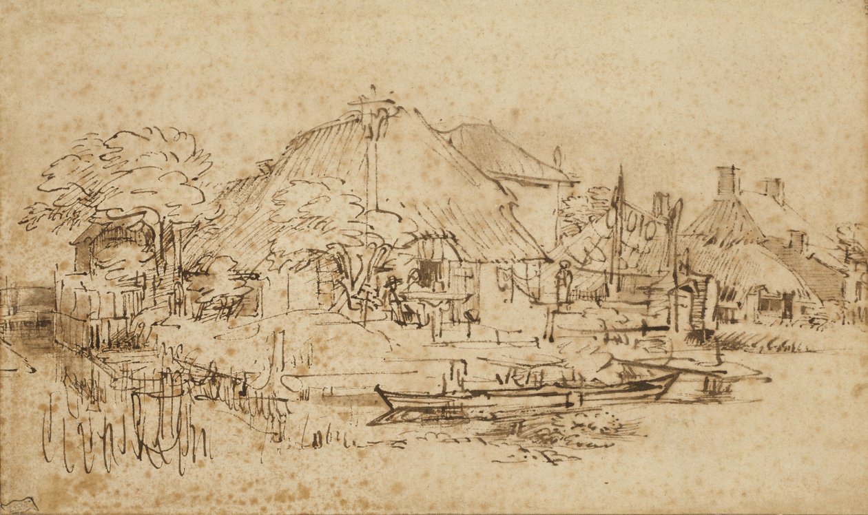Mökki kanavan vieressä, n. 1650?-53 tekijältä Rembrandt van Rijn