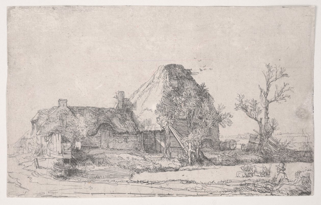 Mökki- ja maatilarakennukset, jossa mies luonnostelee, n. 1645 (etsaus) tekijältä Rembrandt van Rijn