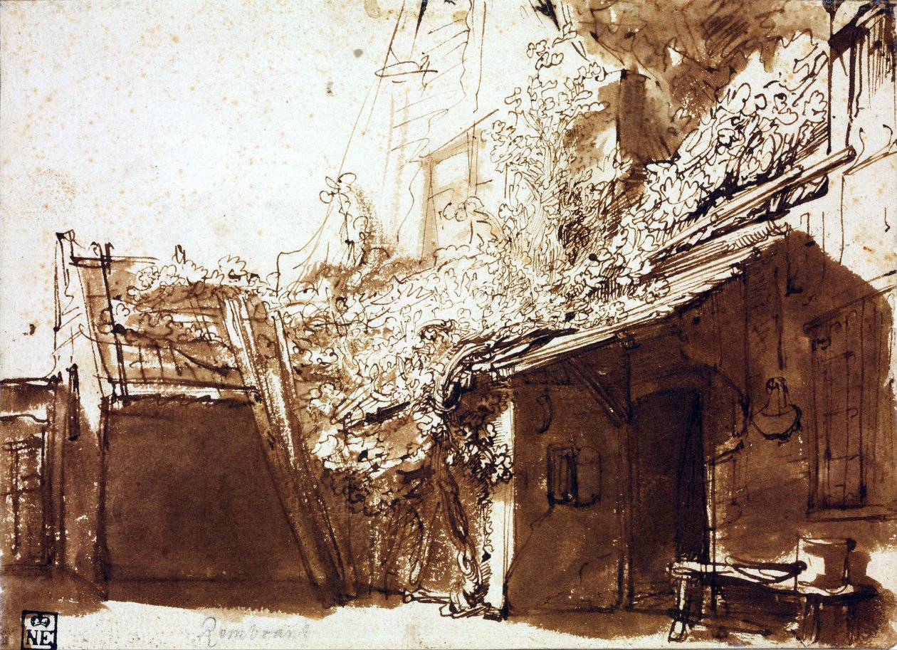 Maalaistalo valossa ja varjossa - Rembrandt van Rhijn (1606-1669) - 1635-1636 - Kynä, sivellin, ruskea väri paperilla - 16,2x22,5 cm - Szepmuveszeti Muzeum, Budapest tekijältä Rembrandt Harmensz. van Rijn