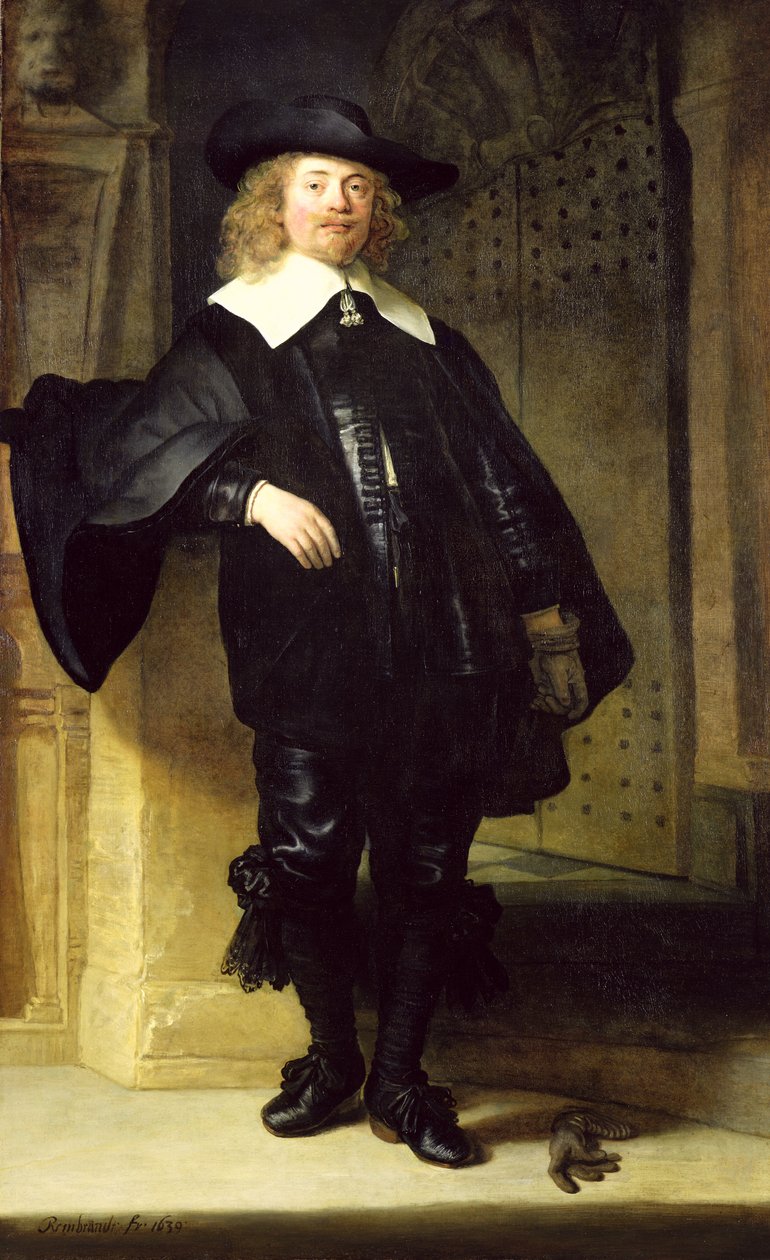 Täyspitkä muotokuva seisovasta miehestä tekijältä Rembrandt van Rijn