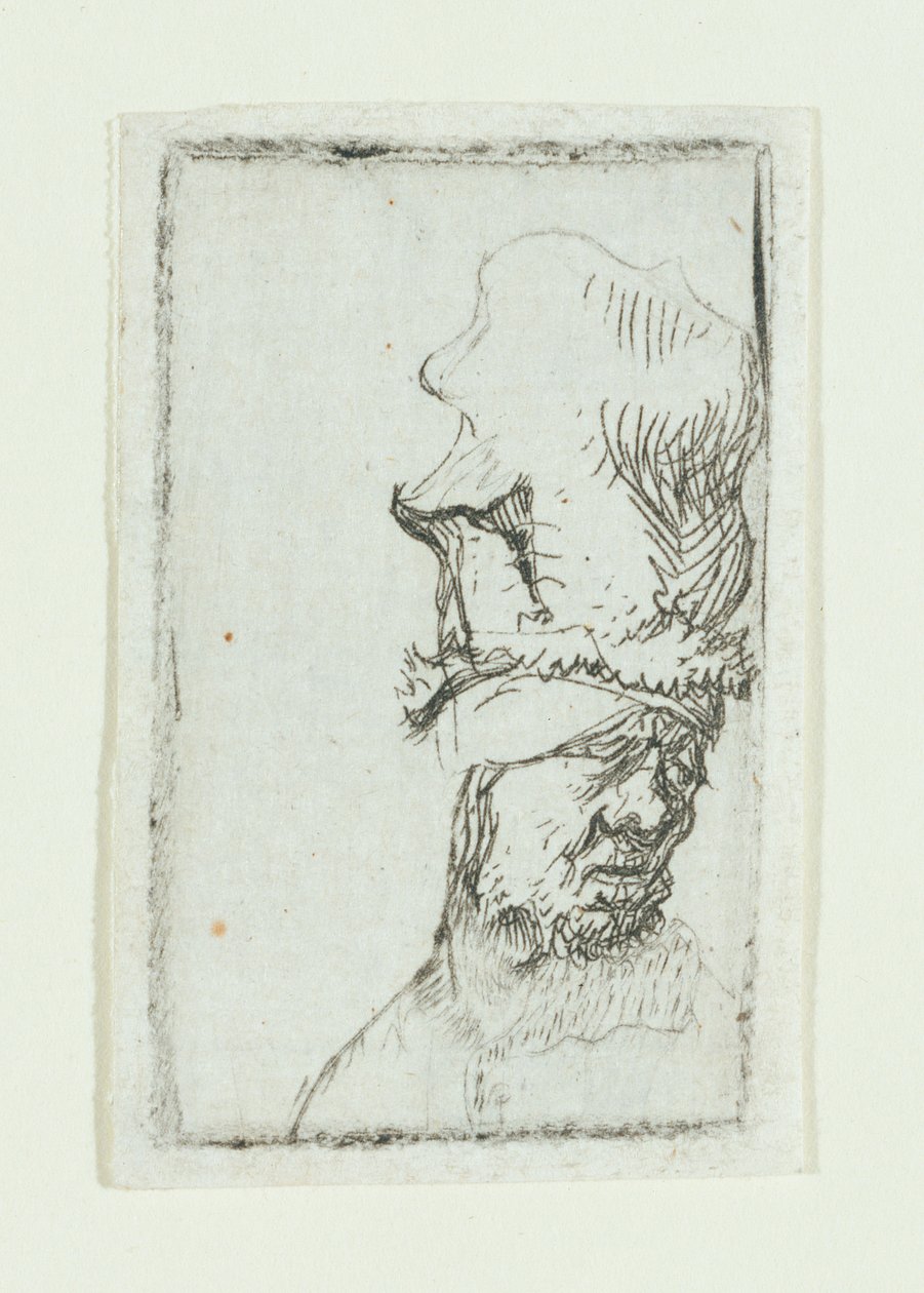 Miehen pää korkealla lippaalla (etsaus) tekijältä Rembrandt van Rijn