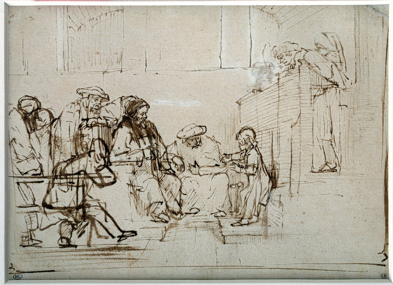 Harmensz Van Rijn Rembrandtin (1606-1669) piirustus Jeesus-lapsi lääkäreiden kanssa tekijältä Rembrandt van Rijn