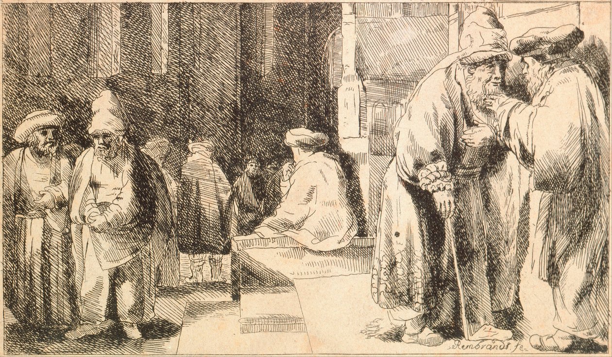 ""Juifs a la synagogue"" (Juutalaiset synagogassa) Rembrandt van Rhijnin (1606-1669) kaiverrus - 1648 Koko 7,6x13 cm Juutalaismuseo, New York tekijältä Rembrandt van Rijn