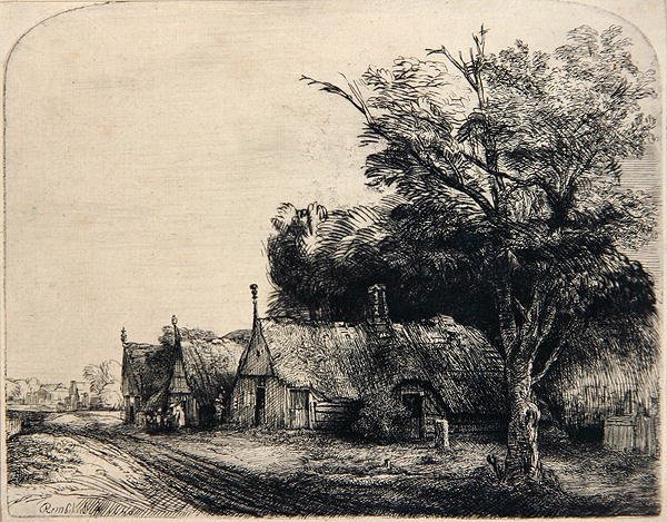 Maisema, jossa on kolme kota (etsaus) tekijältä Rembrandt Harmensz. van Rijn