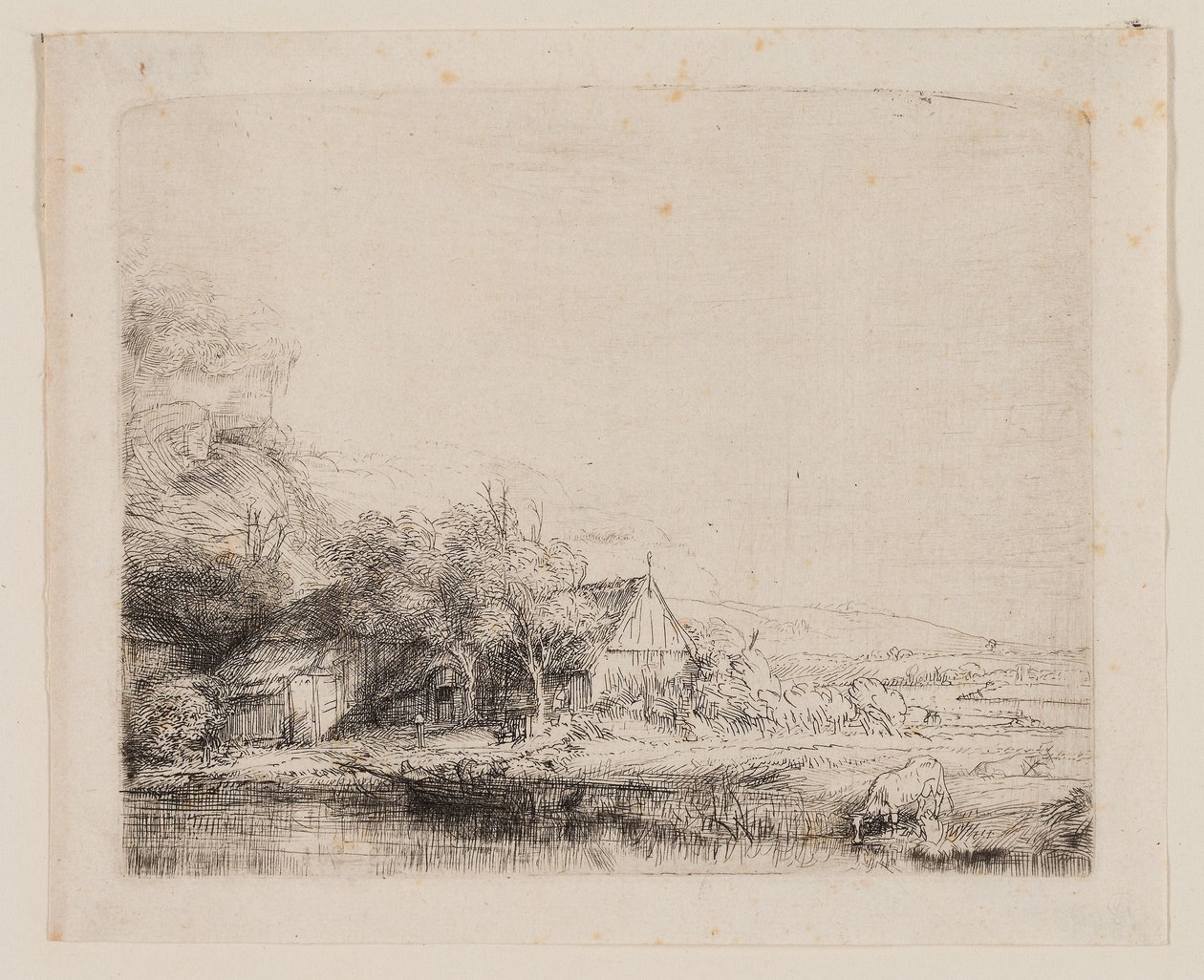 Maisema, jossa lehmä juo, n. 1650 (etsaus ja kuivakärki norsunluupaperille) tekijältä Rembrandt Harmensz. van Rijn