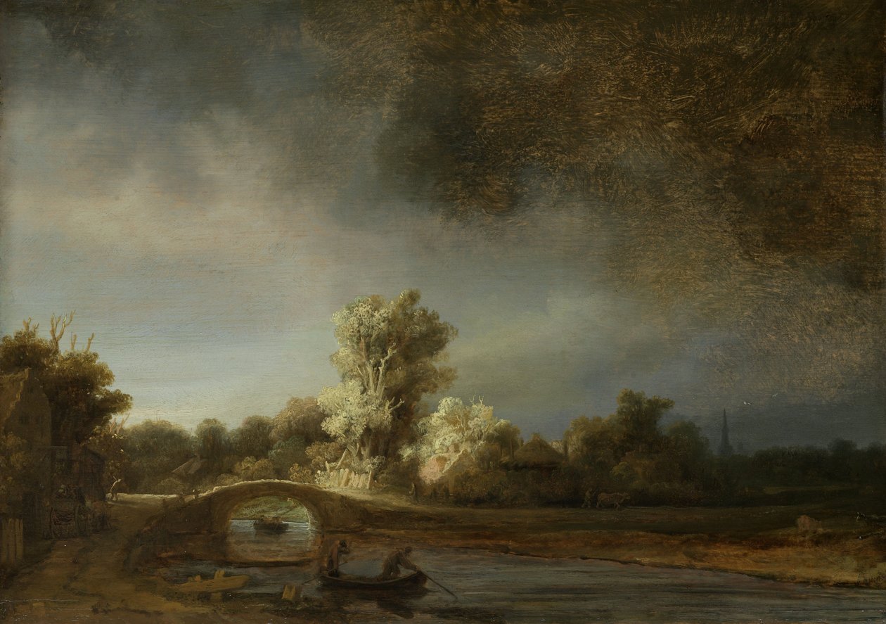 Maisema kivisillalla, n. 1638 (öljy paneelille) tekijältä Rembrandt van Rijn