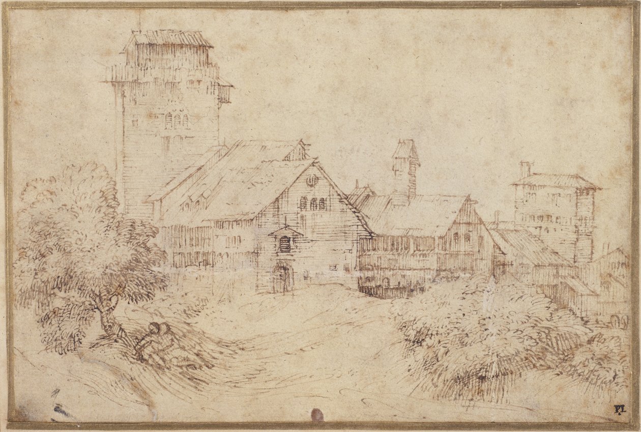 Maisema rakennuksia ja rakastajia syleilemässä Tizianin jälkeen (kynä ja ruskea muste punaisella liidulla paperilla) tekijältä Rembrandt Harmensz. van Rijn