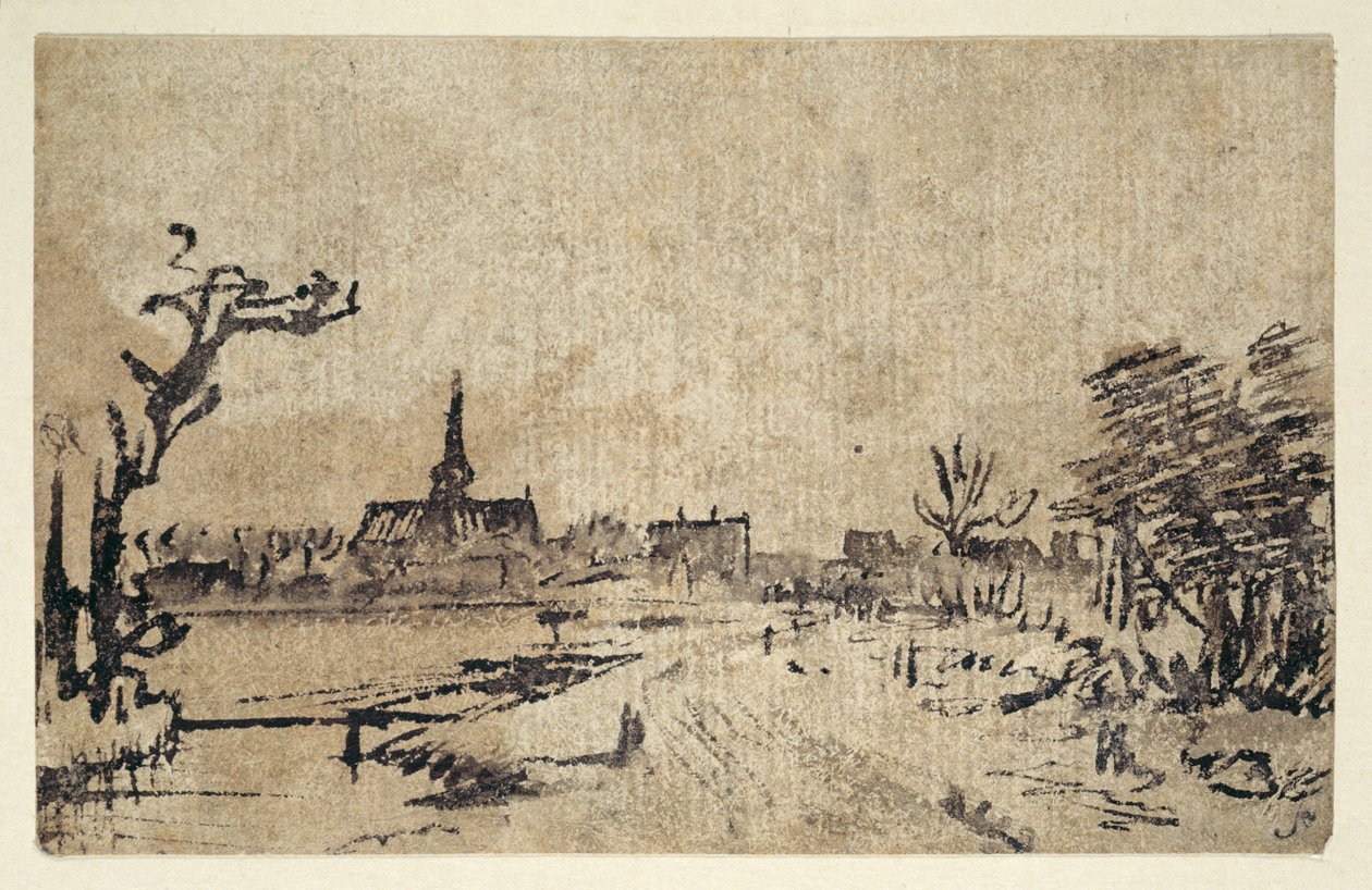Maisema vedellä, Amstelveenin kylä taustalla, n.1654-55 (kynä ja muste ruskealla pesulla) tekijältä Rembrandt Harmensz. van Rijn