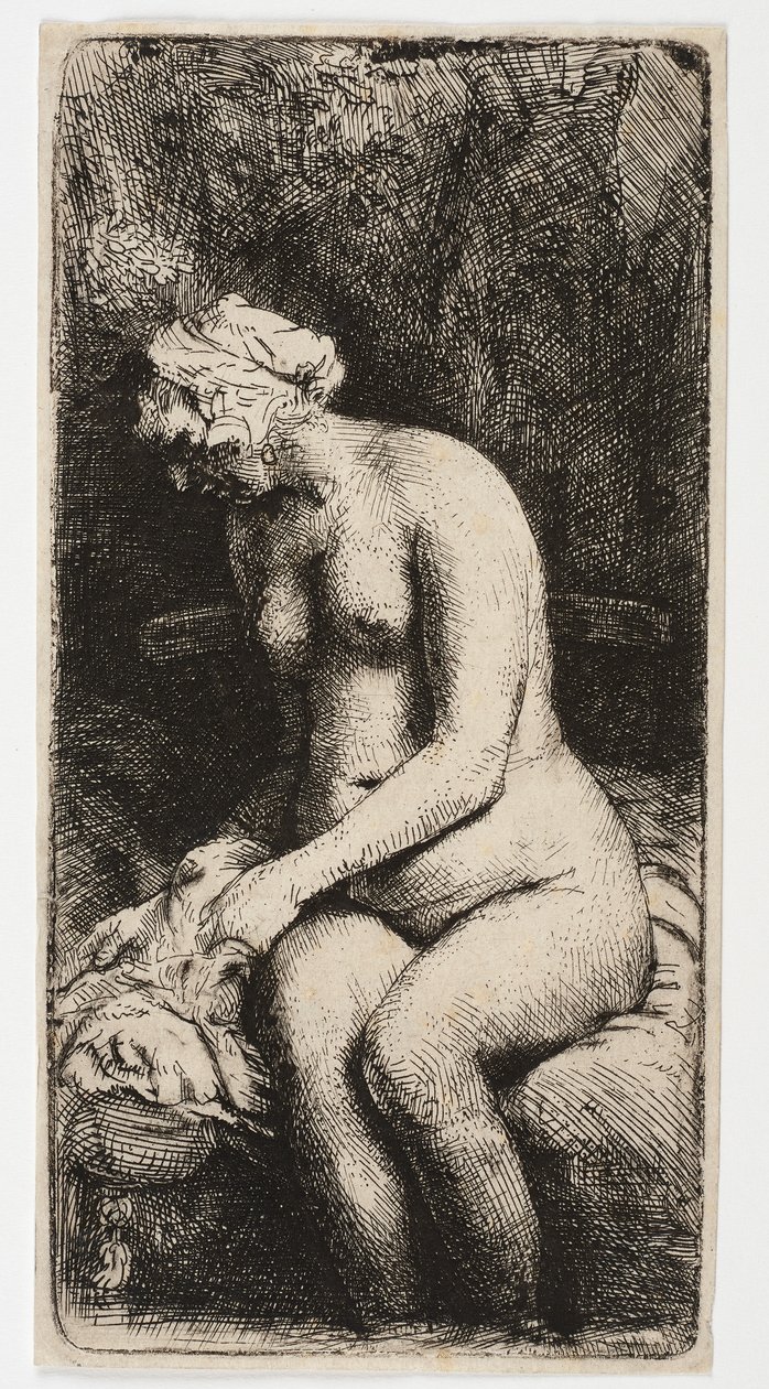 Alaston nainen istuu jalat vedessä tekijältä Rembrandt Harmensz. van Rijn
