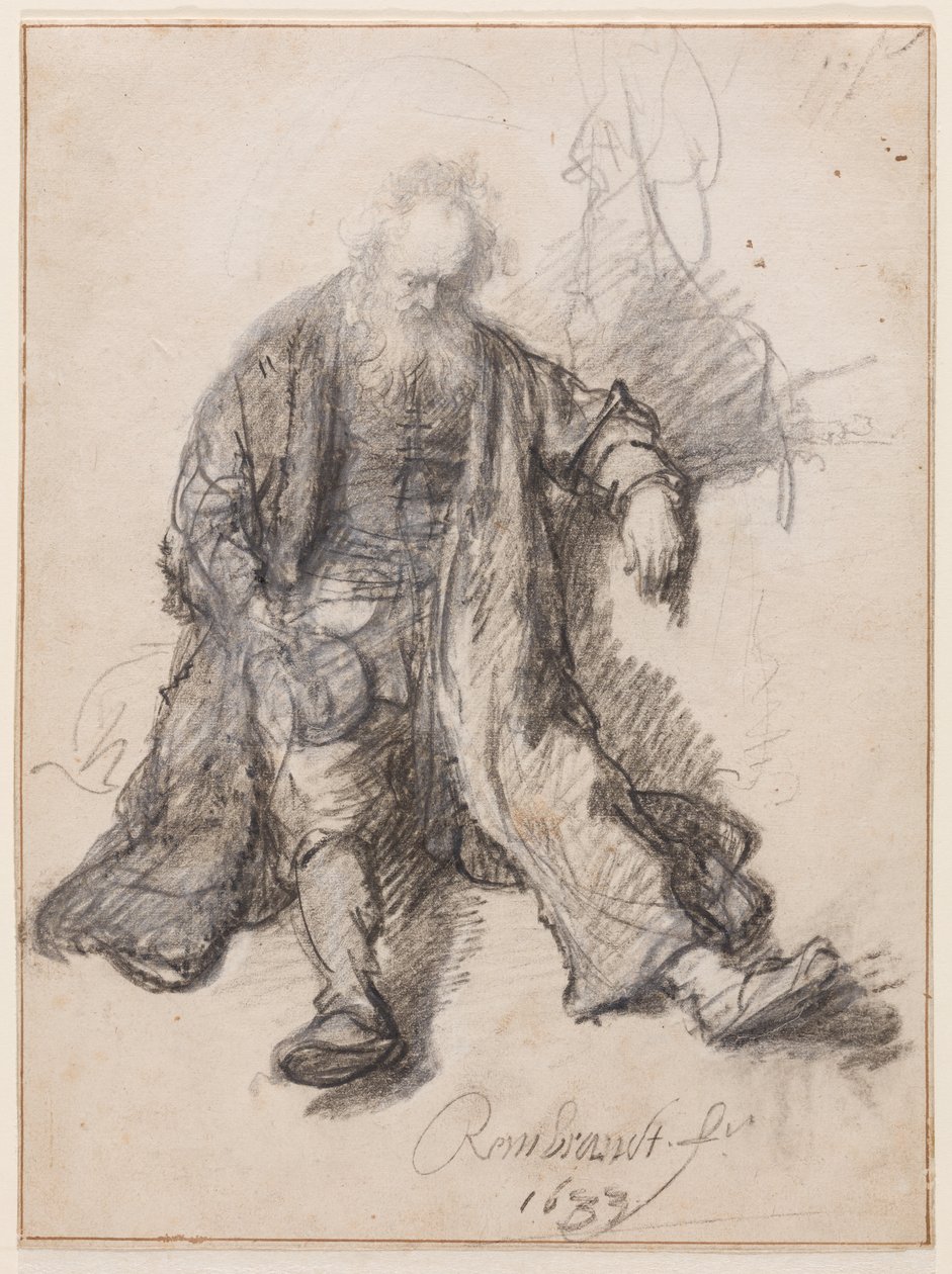 Old Man Seated (The Drunken Lot?), n. 1630-33 (kynä, liitu ja muste paperille) tekijältä Rembrandt Harmensz. van Rijn