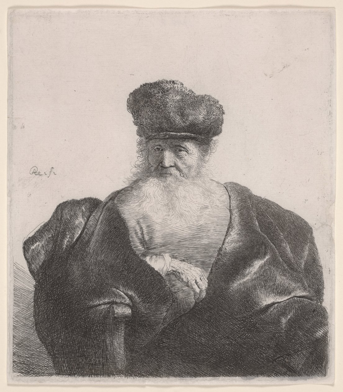 Vanhus, jolla on virtaava parta, turkislakka ja samettiviitta, n. 1632 (etsaus) tekijältä Rembrandt van Rijn