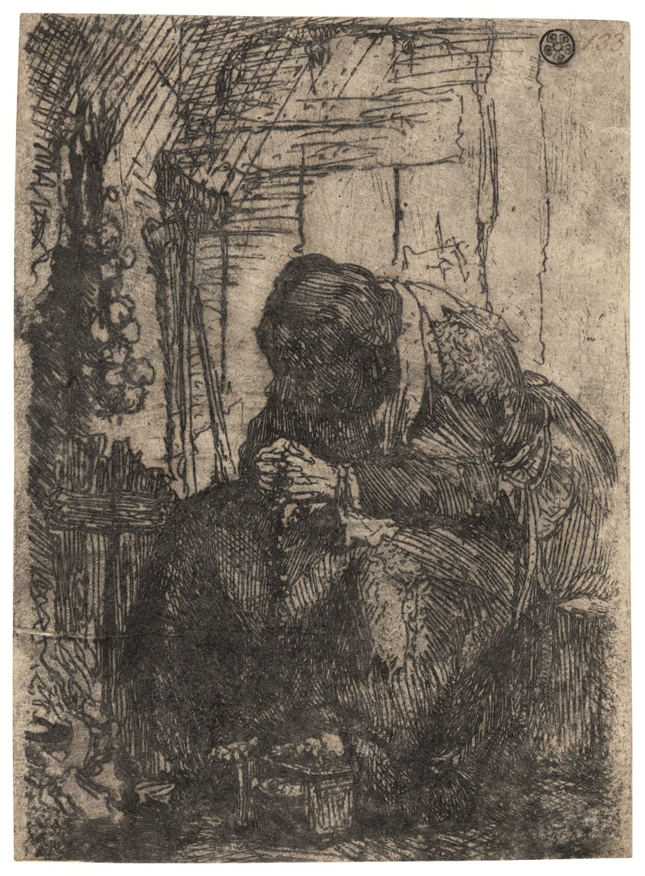 Vanha nainen istuu mökissä ja seinällä on sipulijono, n. 1629 (etsaus). tekijältä Rembrandt Harmensz. van Rijn