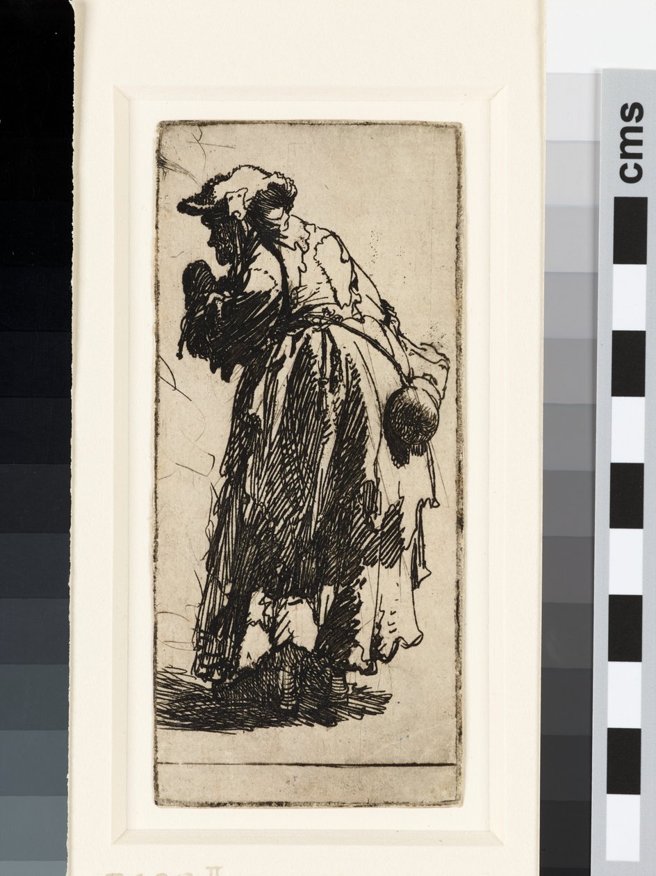 Vanha kerjäläinen nainen kurpitsalla, n.1629 (etsaus) tekijältä Rembrandt van Rijn