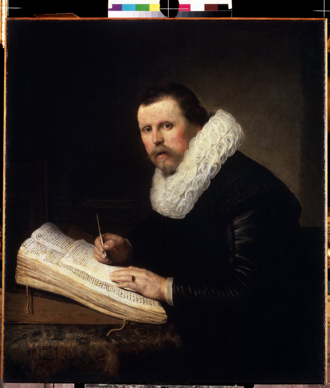 Opiskelijan muotokuva. (Tutkijan muotokuva). Mies lukee käsikirjoitusta kirjoittaessaan muistiinpanoja kynällä paperiarkille. Harmenszoon van Rijnin maalaus, joka tunnetaan nimellä Rembrandt (1606-1669) tekijältä Rembrandt Harmensz. van Rijn