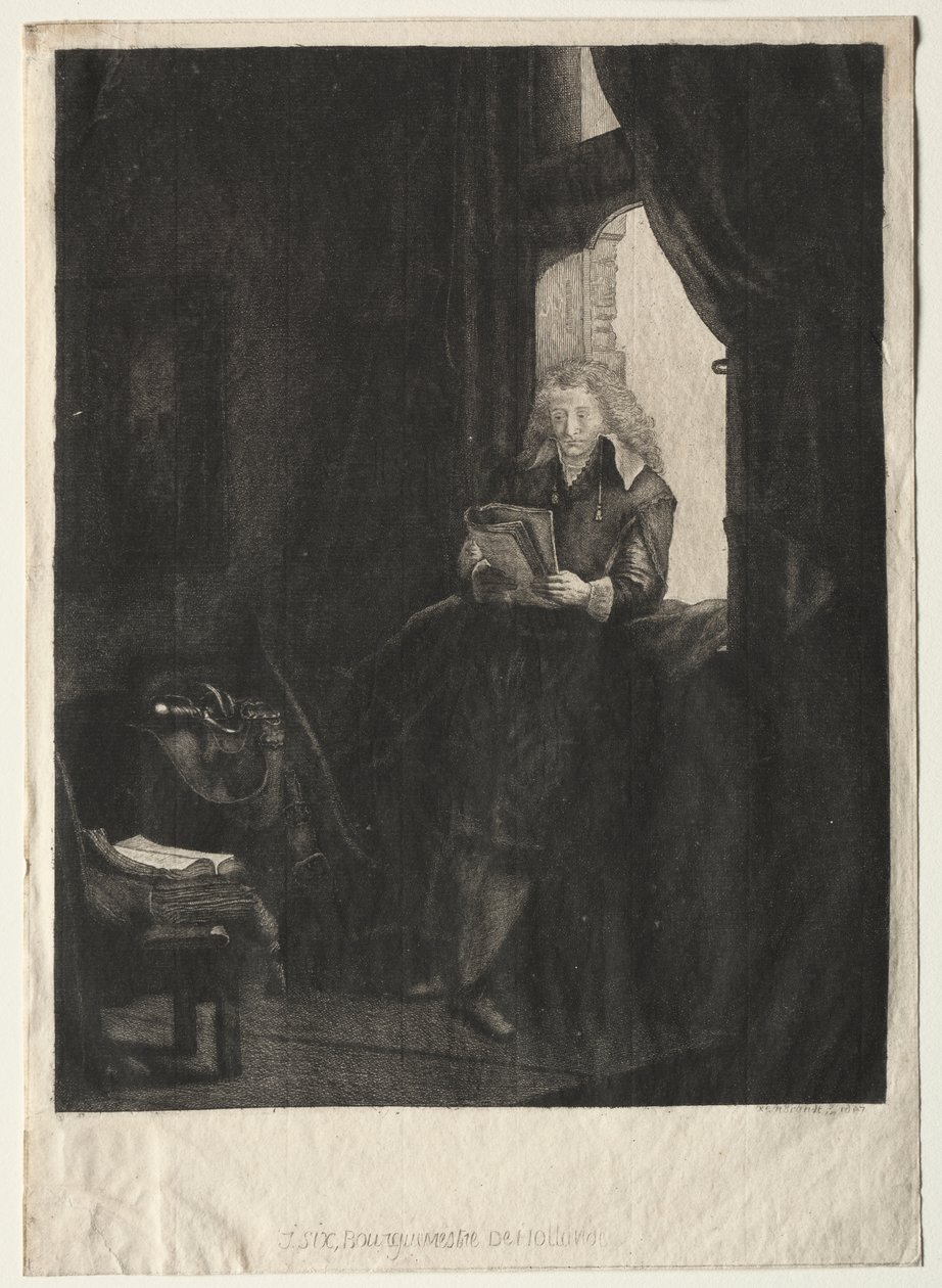 Jan Sixin muotokuva (etsaus) tekijältä Rembrandt Harmensz. van Rijn