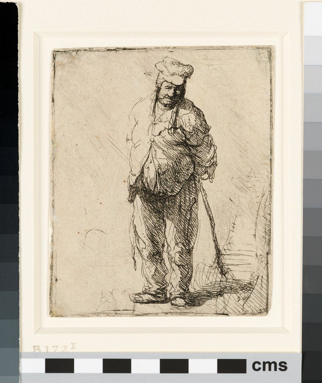 Räsytty talonpoika kädet takana, keppi kädessään, n. 1630 (etsaus) tekijältä Rembrandt van Rijn