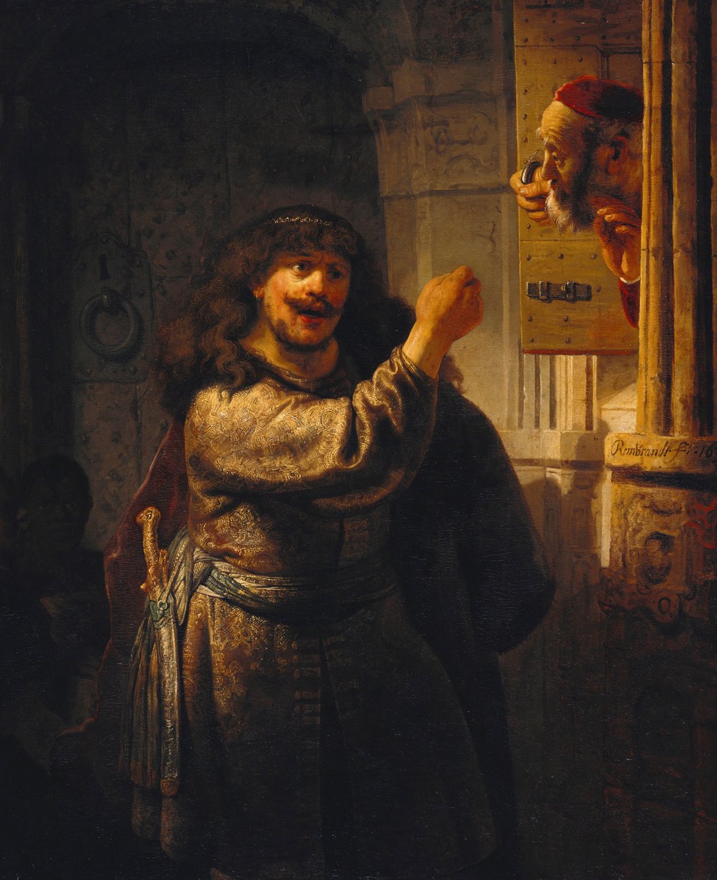""Samson uhkaa poikaa beau-pere"" (Samson uhkasi anoppiaan) Peinture de Rembrandt van Rhijn (1606-1669) 1635 State Museums, Berliini tekijältä Rembrandt van Rijn