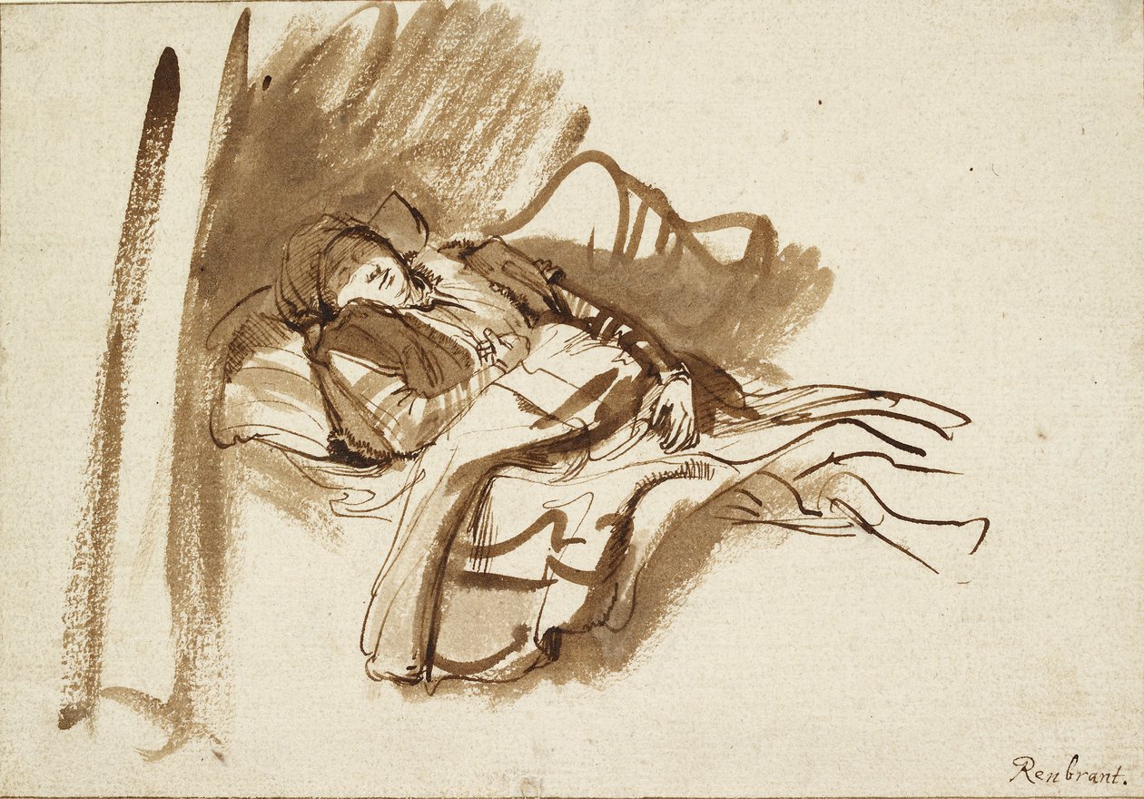 Saskia nukkuu sängyssä, 1630-luku tekijältä Rembrandt Harmensz van Rijn