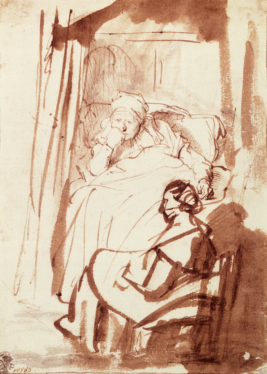 Saskia makaa sängyssä, nainen istuu hänen jalkojensa juuressa tekijältä Rembrandt Harmensz. van Rijn
