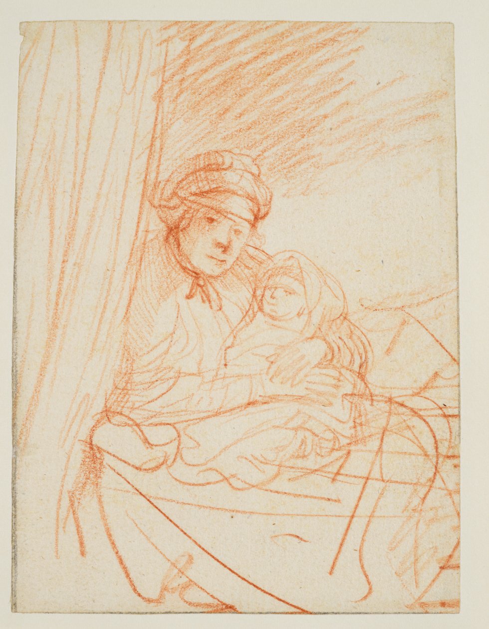 Saskia istuu sängyssä, lapsi kädessään, 1635 noin tekijältä Rembrandt van Rijn