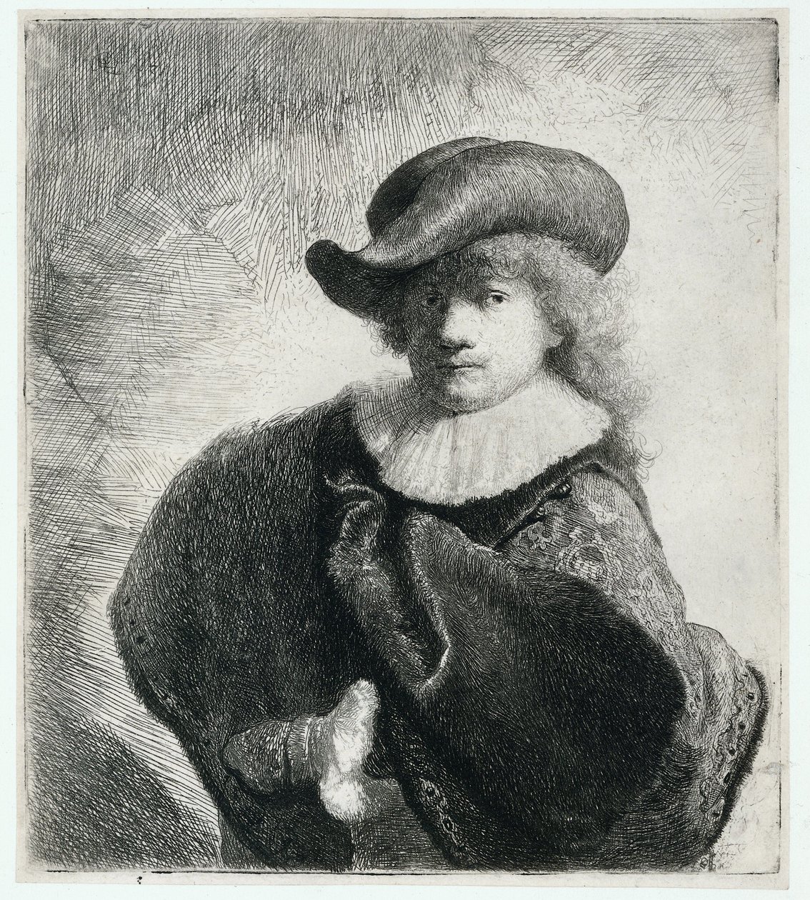 Omakuva pehmeässä hatussa ja kuviollisessa viitassa tekijältä Rembrandt Harmensz. van Rijn