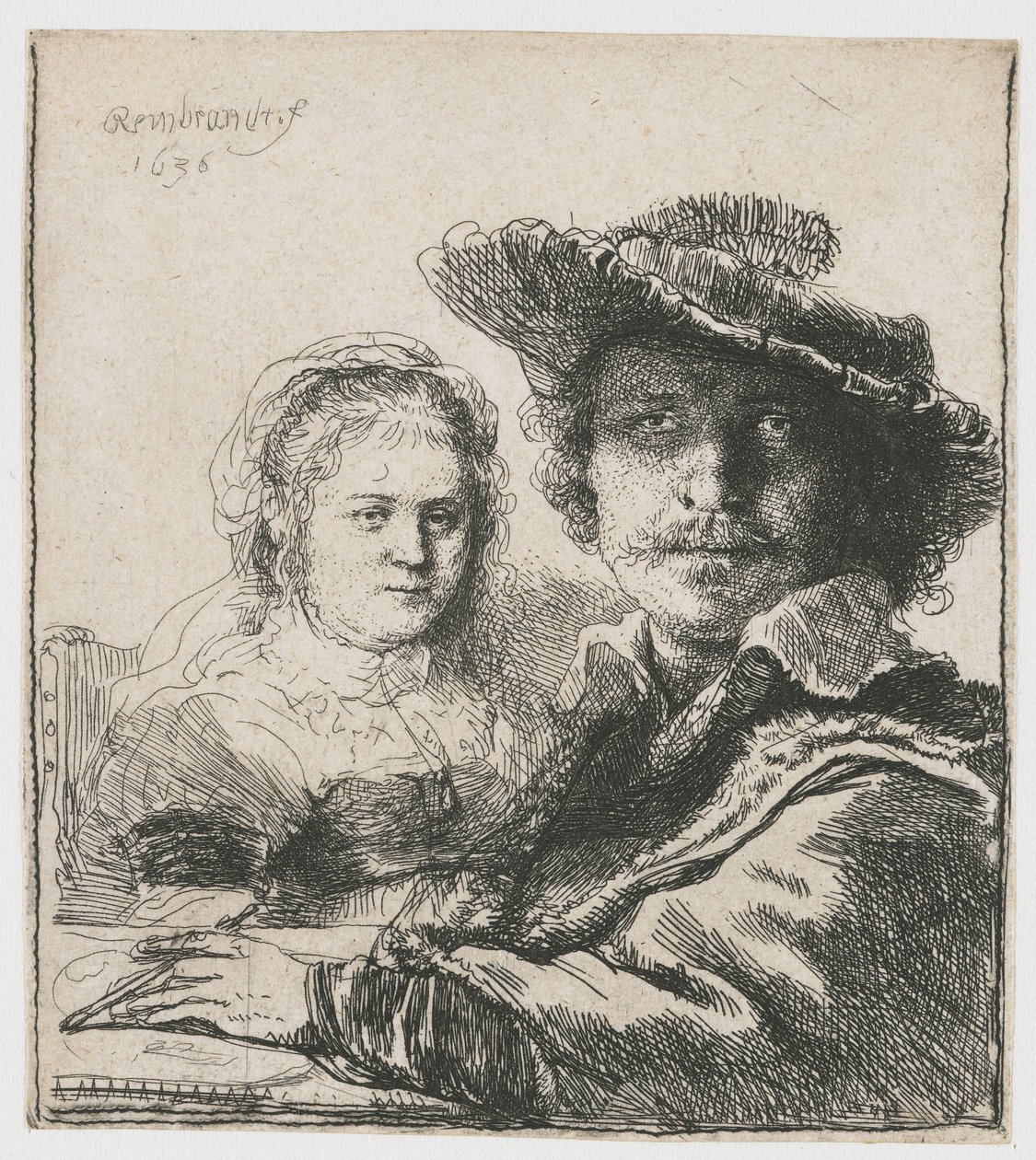 Omakuva Saskian kanssa tekijältä Rembrandt Harmensz. van Rijn