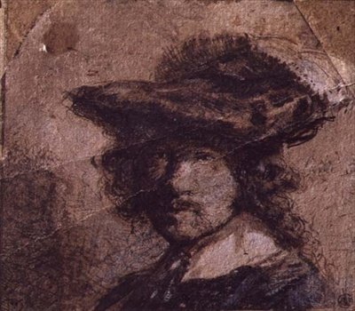 Omakuva, jossa hattu ja valkoinen kaulus tekijältä Rembrandt Harmensz. van Rijn