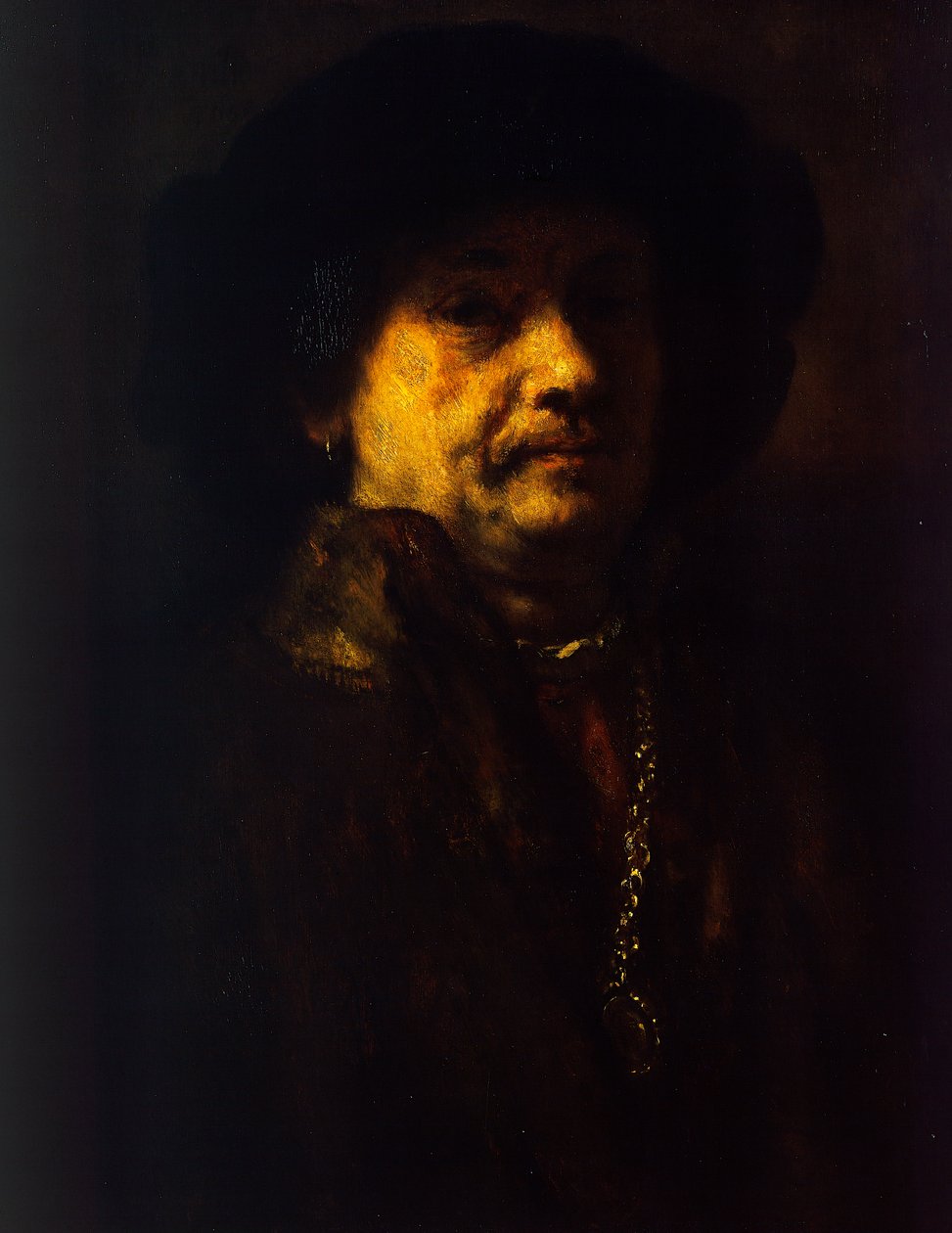 Omakuva turkissa kultaketjulla ja korvakorulla tekijältä Rembrandt Harmensz. van Rijn
