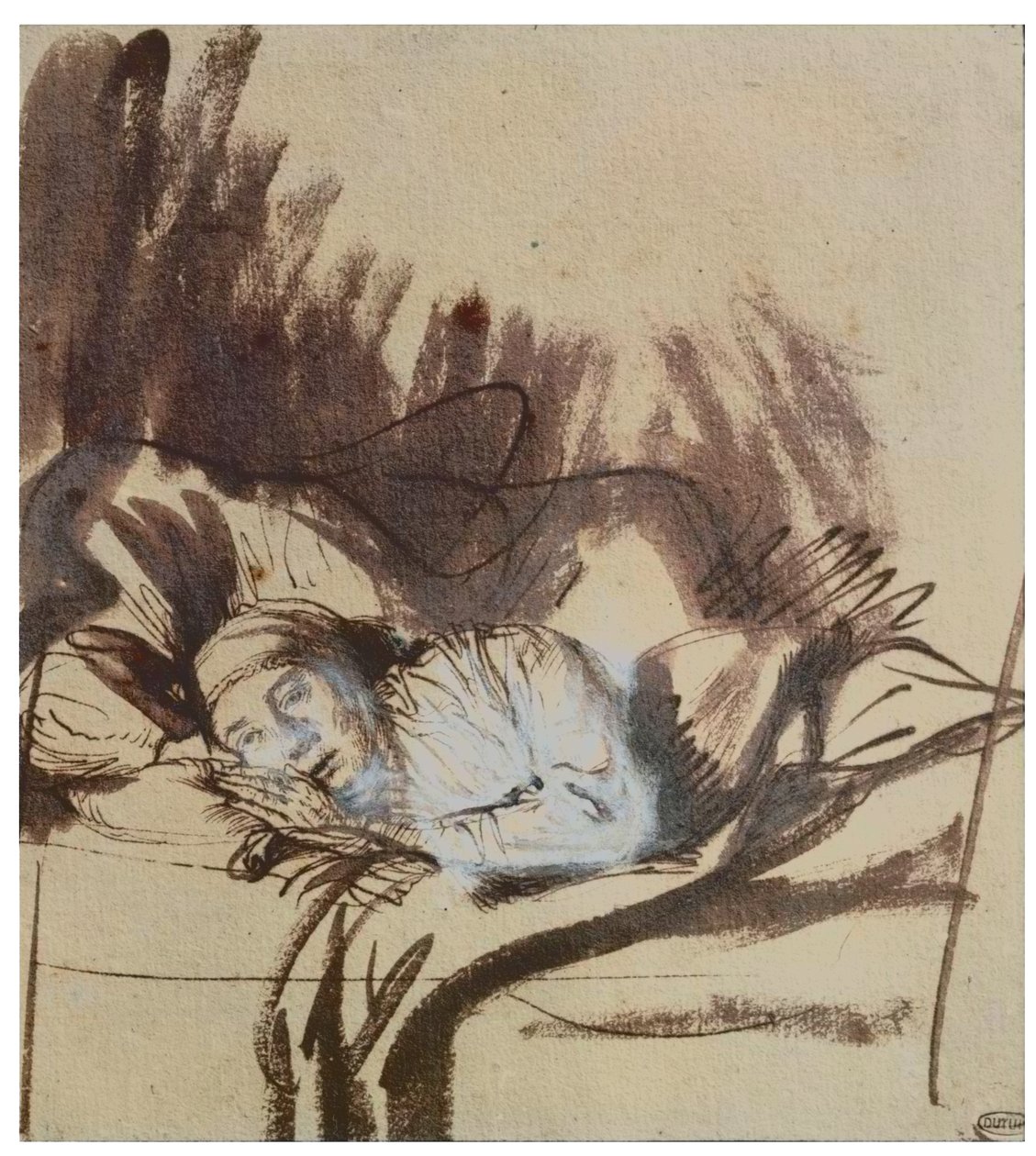 Sairas nainen sängyssä, ehkä Saskia, taidemaalarin vaimo tekijältä Rembrandt Harmensz. van Rijn