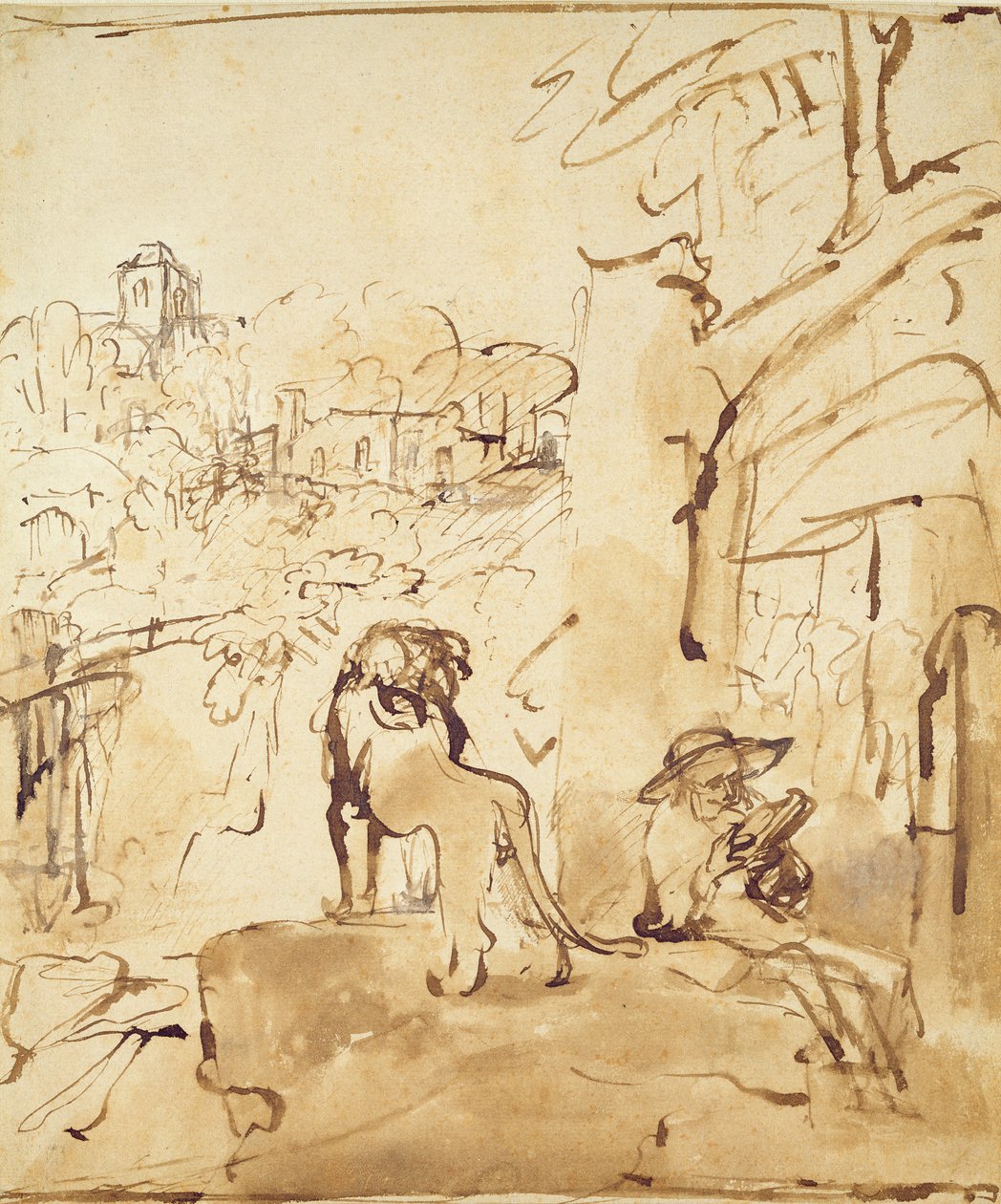 St. Jerome lukee maisemassa (kynä ja pese paperille) tekijältä Rembrandt van Rijn
