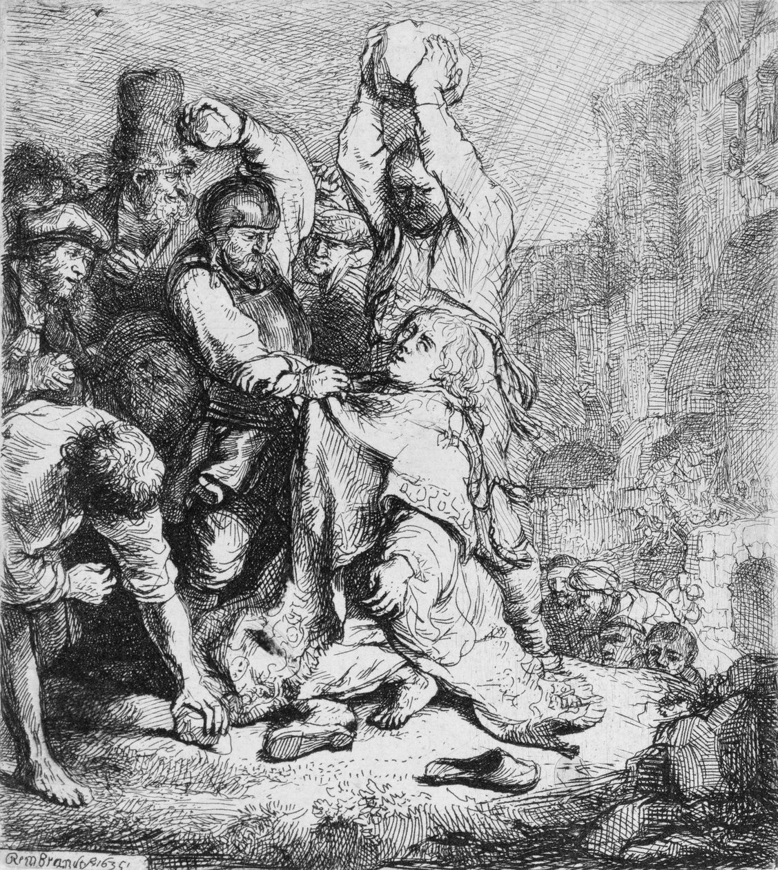 Pyhän Tapanin kivittäminen (kynä ja muste paperille) tekijältä Rembrandt van Rijn