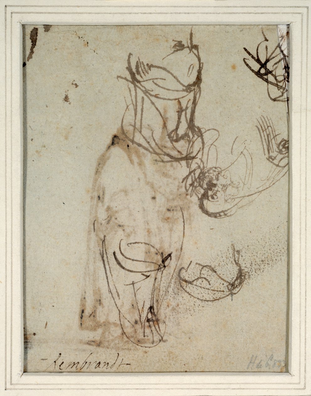 Korkean päähineen tutkimukset; ja jonka pää on käännetty peräsuorasta (kynä ja muste paperille) (2636119:n versio) tekijältä Rembrandt Harmensz. van Rijn