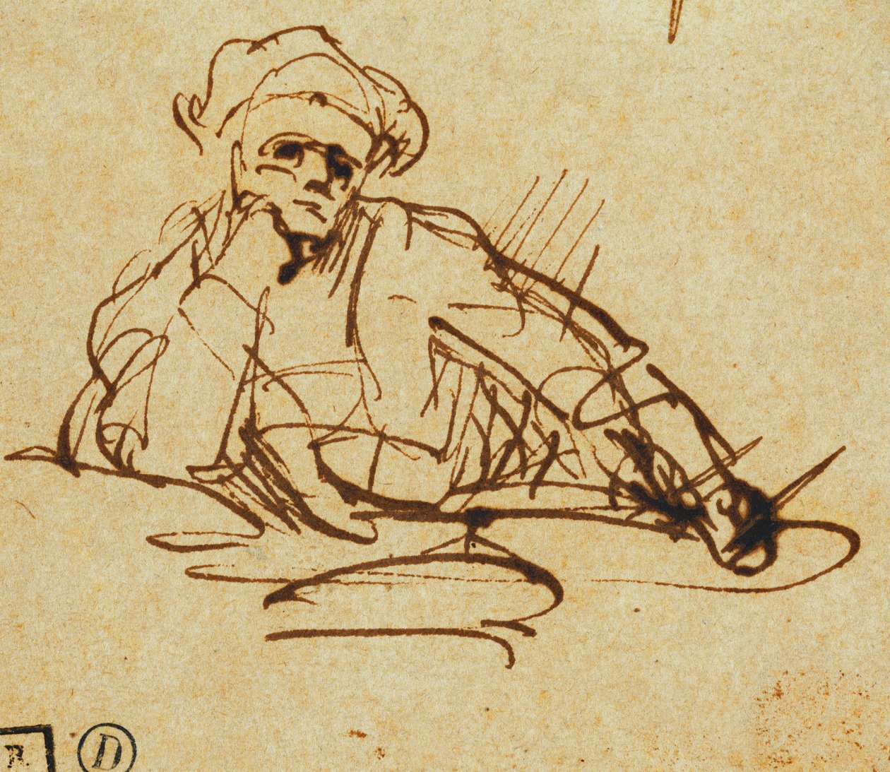 Opiskelu kirjailijasta, istuen, pysähtyen ajattelemaan, tekijältä Rembrandt van Rijn