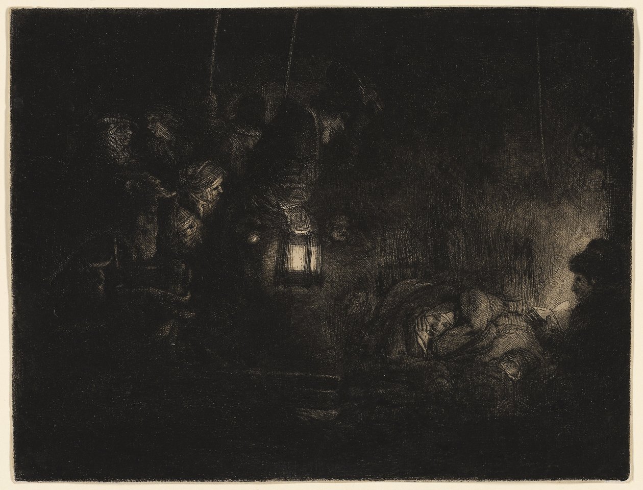 The Adoration of the Shepherds: A Night Piece, n. 1657 (etsaus, kuivakärki ja hauta mustalla norsunluupaperille) tekijältä Rembrandt Harmensz. van Rijn