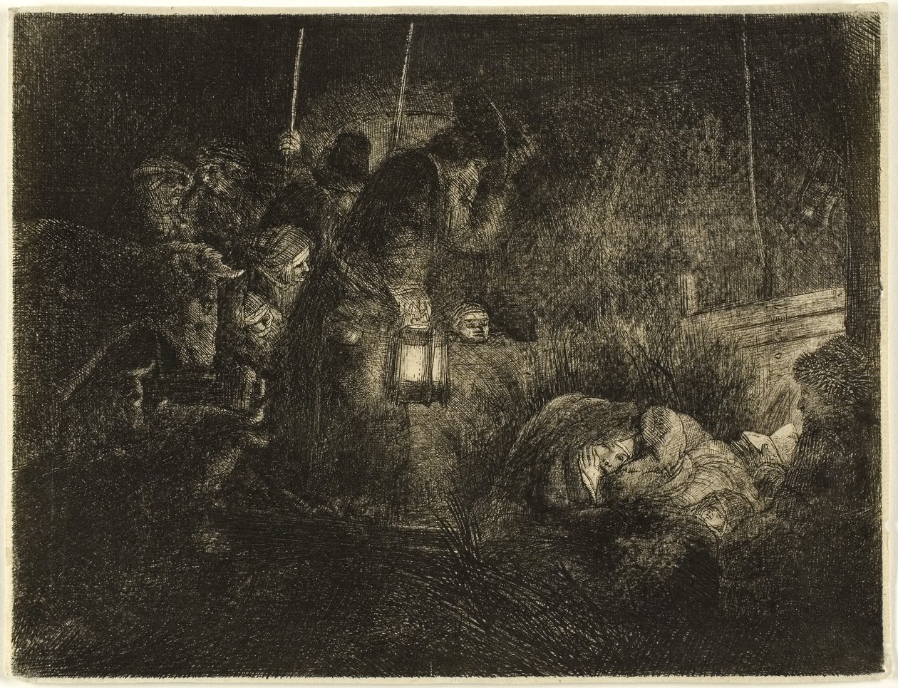 The Adoration of the Shepherds: A Night Piece, n. 1657 (etsaus paperille) tekijältä Rembrandt Harmensz. van Rijn