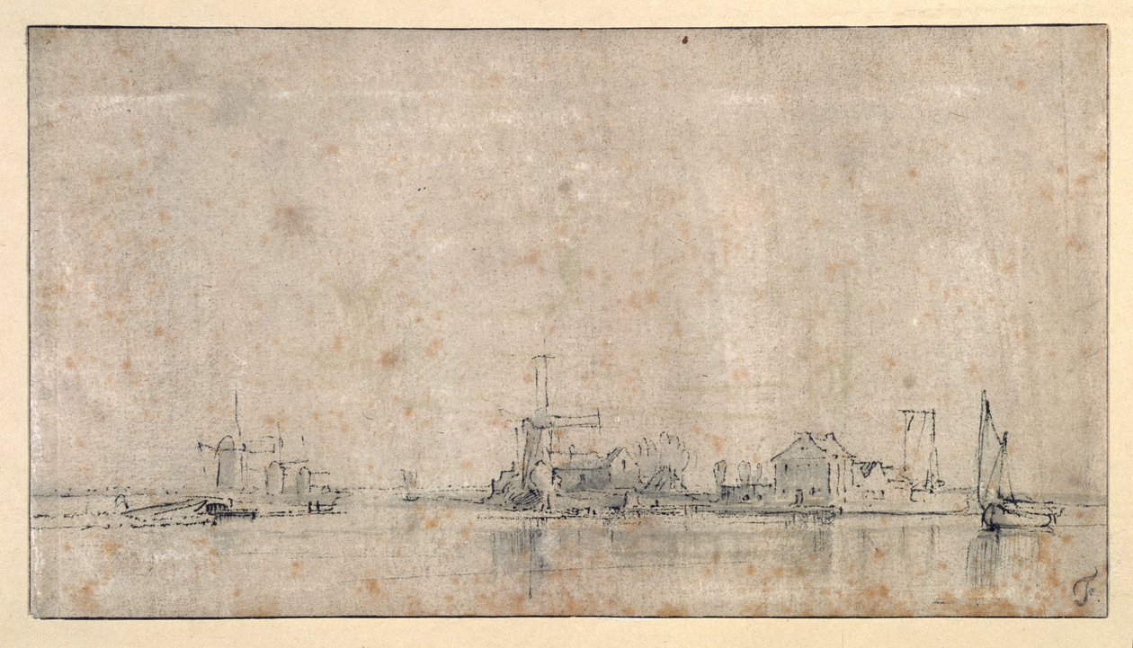 The Amstel at the Omval, n. 1650-1653 (kynä ja muste pesulla paperille) tekijältä Rembrandt Harmensz. van Rijn