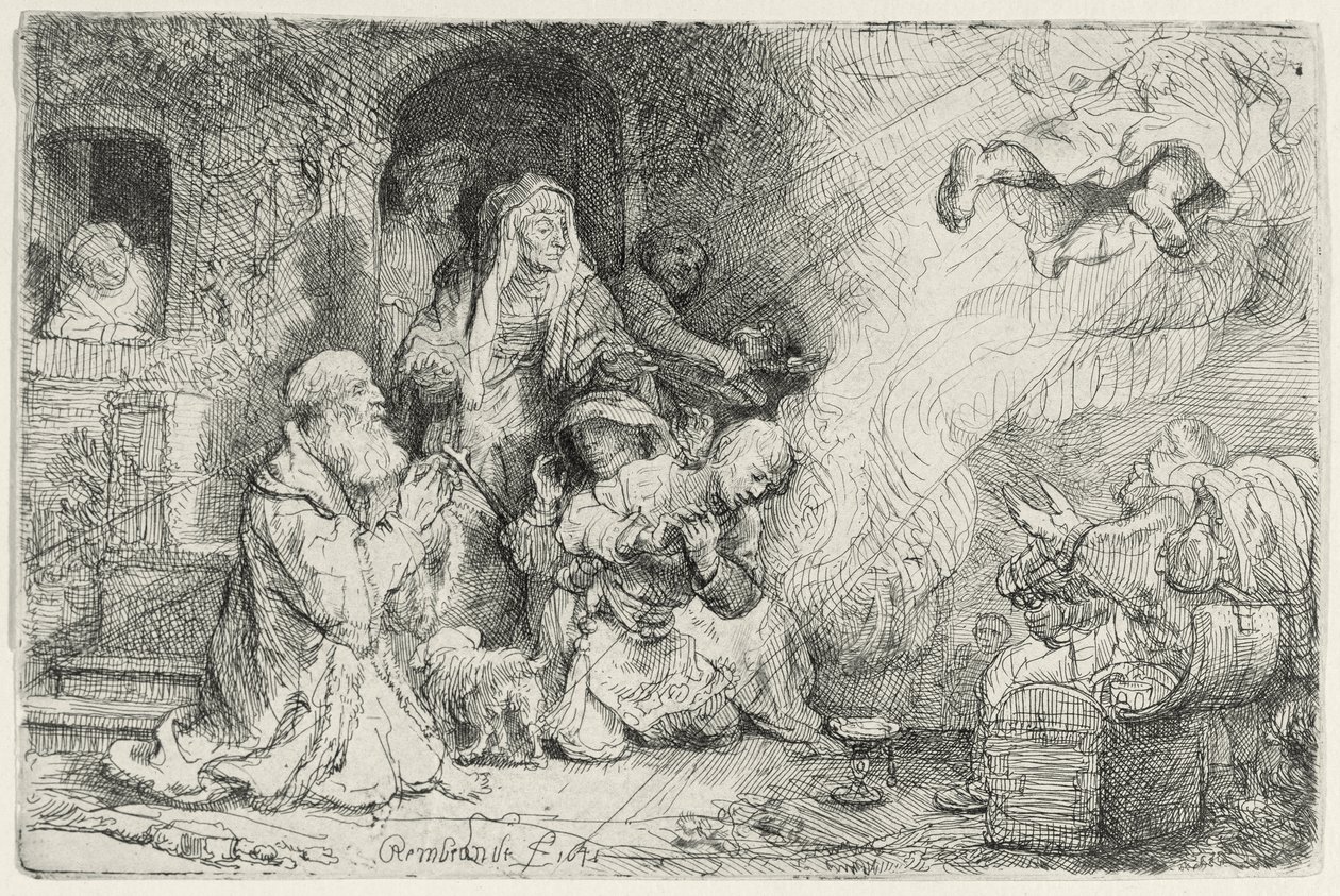 Enkeli lähtemässä Tobiaksen perheestä (kynä ja muste paperille) tekijältä Rembrandt van Rijn