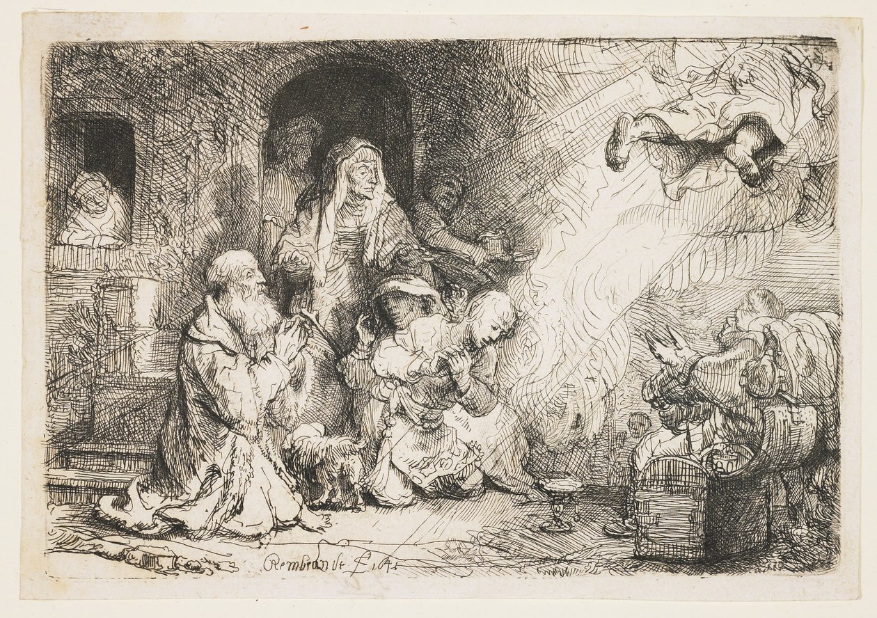 Enkeli lähtemässä Tobiaksen perheestä tekijältä Rembrandt van Rijn
