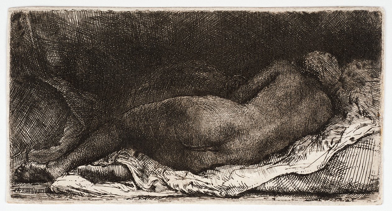 Alaston nainen, nukkumassa pakarat tuulessa, tekijältä Rembrandt Harmensz. van Rijn