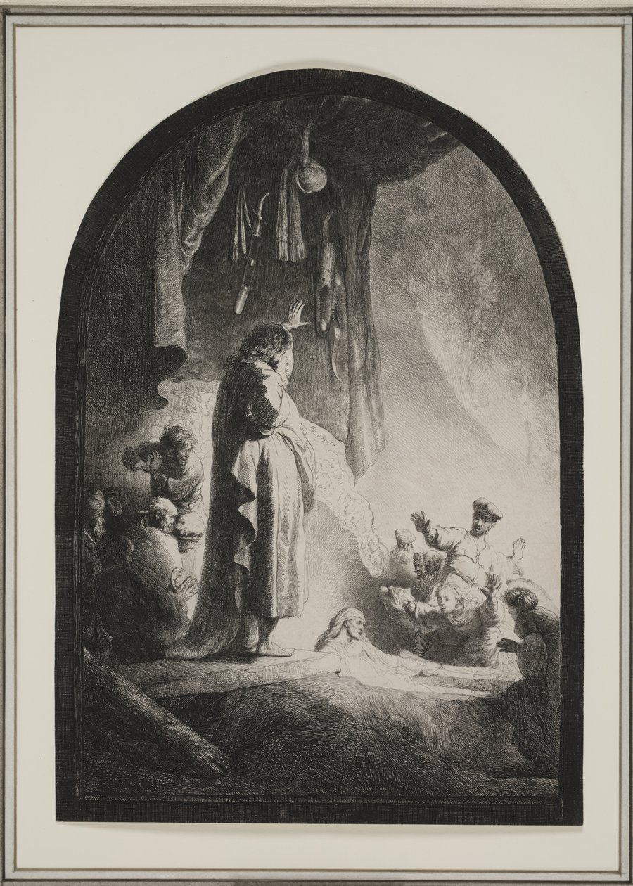 Lasaruksen herättäminen: Isompi levy, n. 1632 (etsaus) tekijältä Rembrandt van Rijn