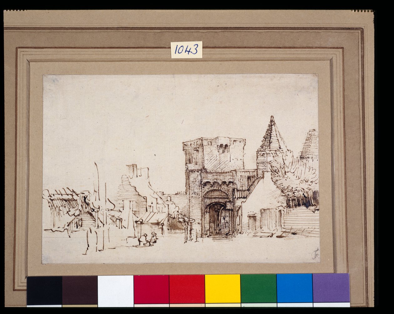 Rijnpoort Rhenenissä Gelderlandissa, n. 1649 (ruokokynä ja muste pesulla paperille) tekijältä Rembrandt Harmensz. van Rijn